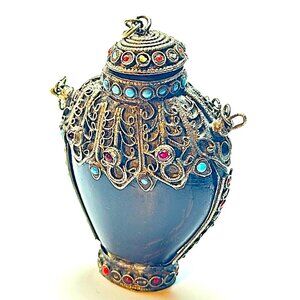 Antique Tibetan Horn Snuff Bottle with Semi-precious Stone Inlays — GUC